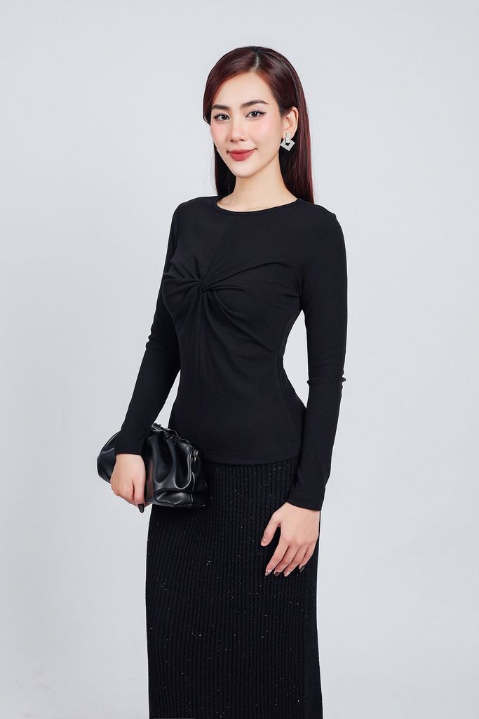 FAT7418 - Áo thun thời trang cao cấp dáng ôm cổ tròn tay dài ngực xoắn tạo kiểu - PANTIO