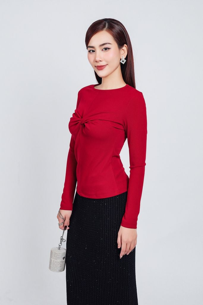 FAT7418 - Áo thun thời trang cao cấp dáng ôm cổ tròn tay dài ngực xoắn tạo kiểu - PANTIO