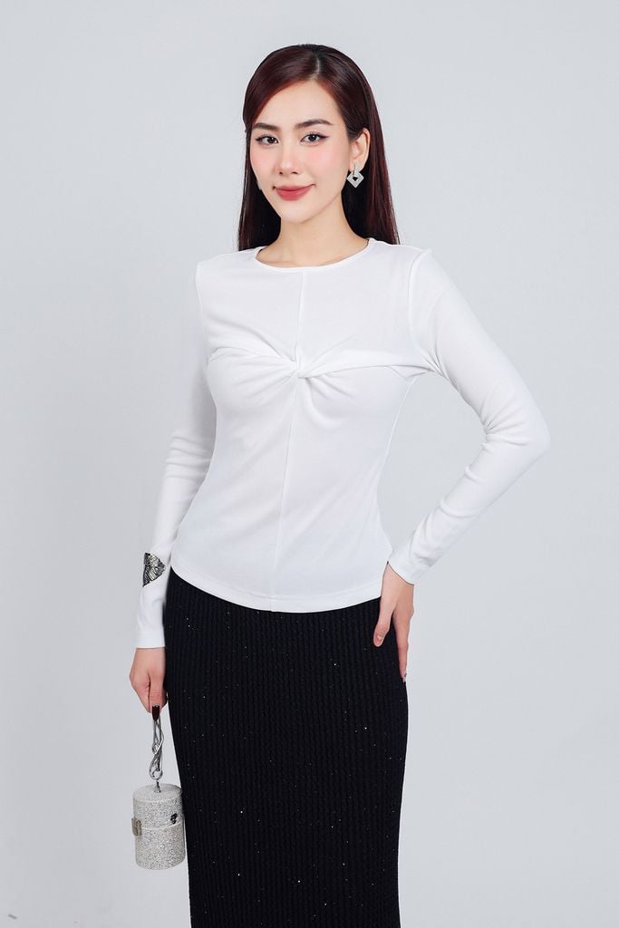FAT7418 - Áo thun thời trang cao cấp dáng ôm cổ tròn tay dài ngực xoắn tạo kiểu - PANTIO