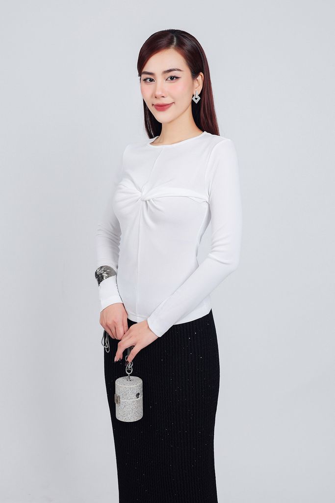 FAT7418 - Áo thun thời trang cao cấp dáng ôm cổ tròn tay dài ngực xoắn tạo kiểu - PANTIO