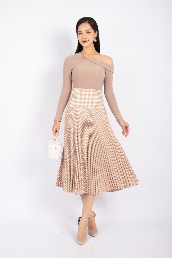 FJD71026 - Chân váy midi vải dạ dáng Xoè xếp ly cạp liền bản to khóa thân sau - PANTIO