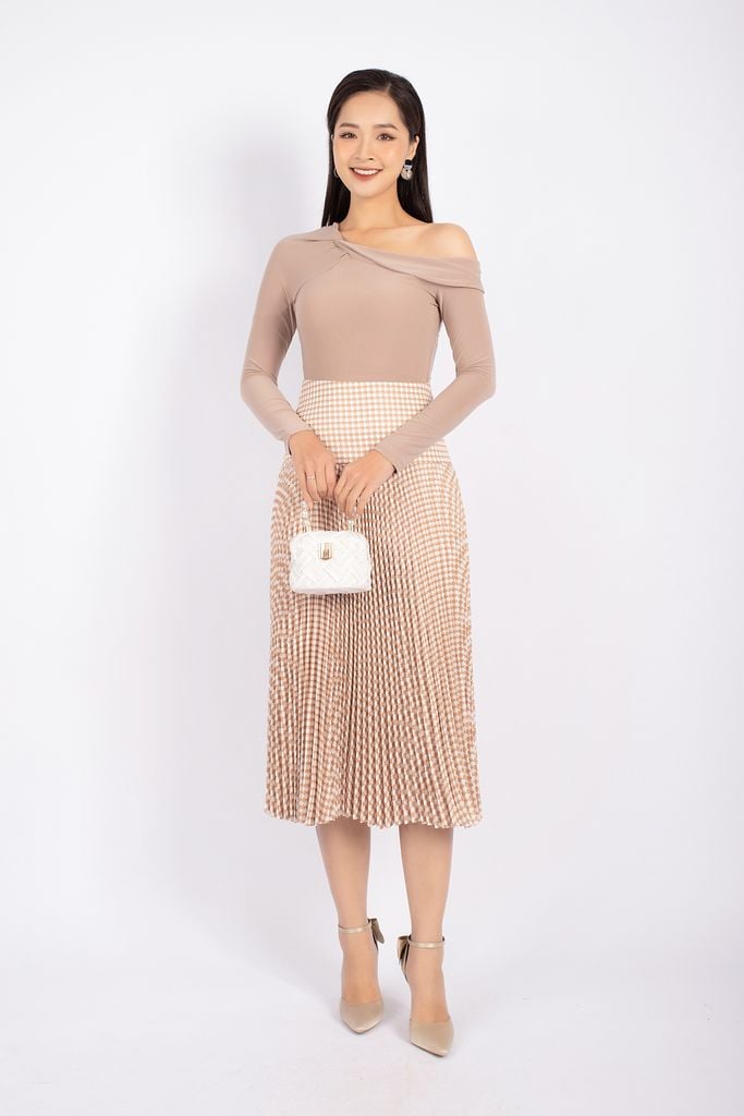 FJD71026 - Chân váy midi vải dạ dáng Xoè xếp ly cạp liền bản to khóa thân sau - PANTIO