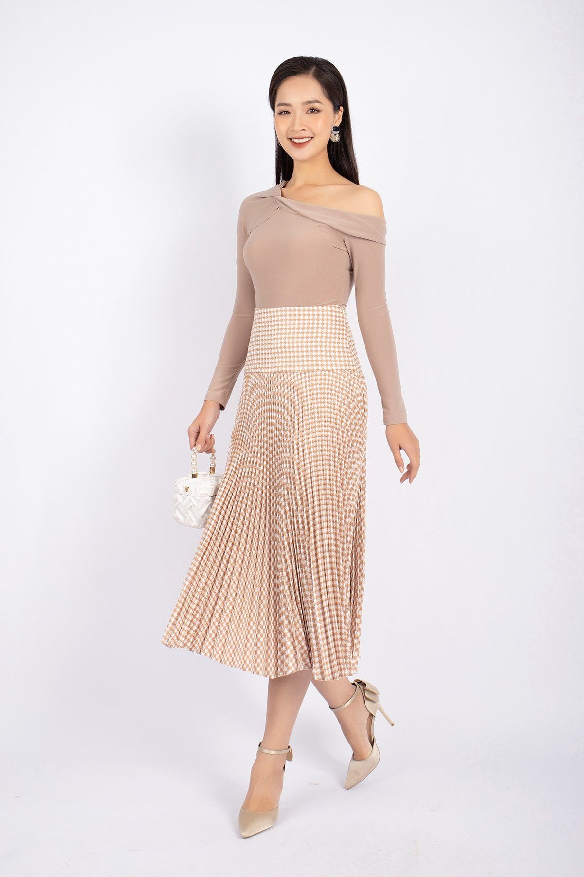 FJD71026 - Chân váy midi vải dạ dáng Xoè xếp ly cạp liền bản to khóa thân sau - PANTIO