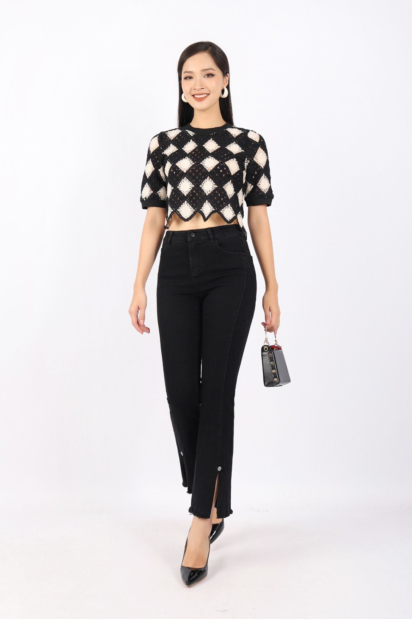 FQB150 - Quần jean dạo phố vải denim dáng ôm ống loe gấu xẻ phối khuy kim loại trang trí - PANTIO