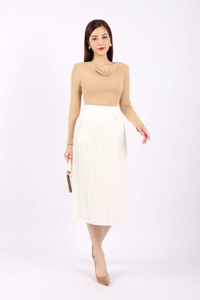 FJD51099 - Chân váy công sở vải tuytsi dáng Xoè dập ly có lót vải habutai cạp phối khuy tạo kiểu khóa thân sau - PANTIO