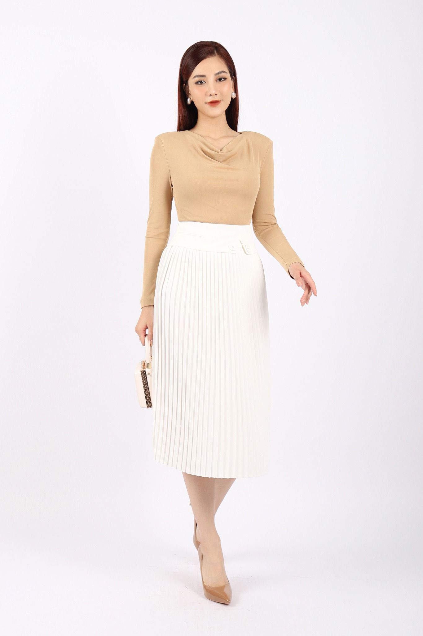 FJD51099 - Chân váy công sở vải tuytsi dáng Xoè dập ly có lót vải habutai cạp phối khuy tạo kiểu khóa thân sau - PANTIO