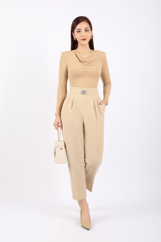 FQD51068 - Quần công sở vải thô dày dáng baggy ly bong tạo kiểu kèm hoa cài trang trí khóa thân sau - tỷ lệ kèo 8899