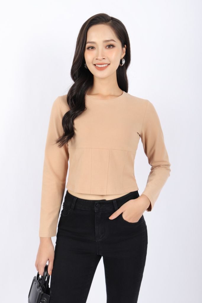 FAT9328 - Áo thun dạo phố vải cotton dáng croptop cổ tròn tay dài trần chỉ tạo kiểu - PANTIO