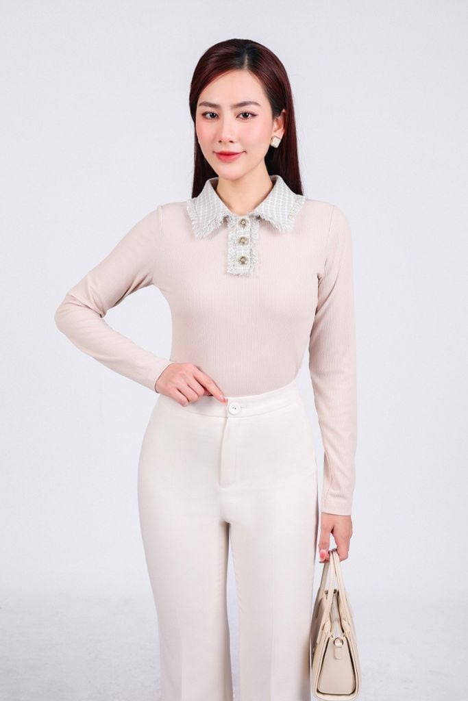 FAT9397 - Áo dệt kim vải len cao cấp dáng ôm co giãn cổ đức phối vải dạ đính khuy đá thời trang - PANTIO