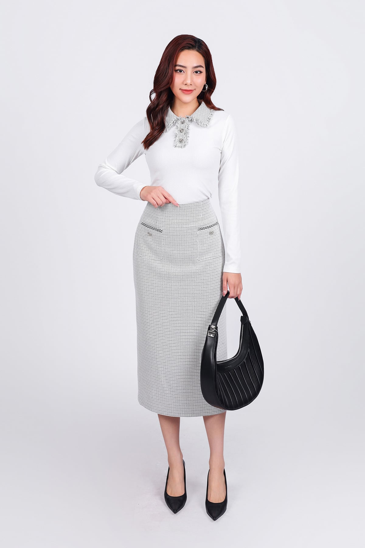 FAT9397 - Áo dệt kim vải len cao cấp dáng ôm co giãn cổ đức phối vải dạ đính khuy đá thời trang - PANTIO