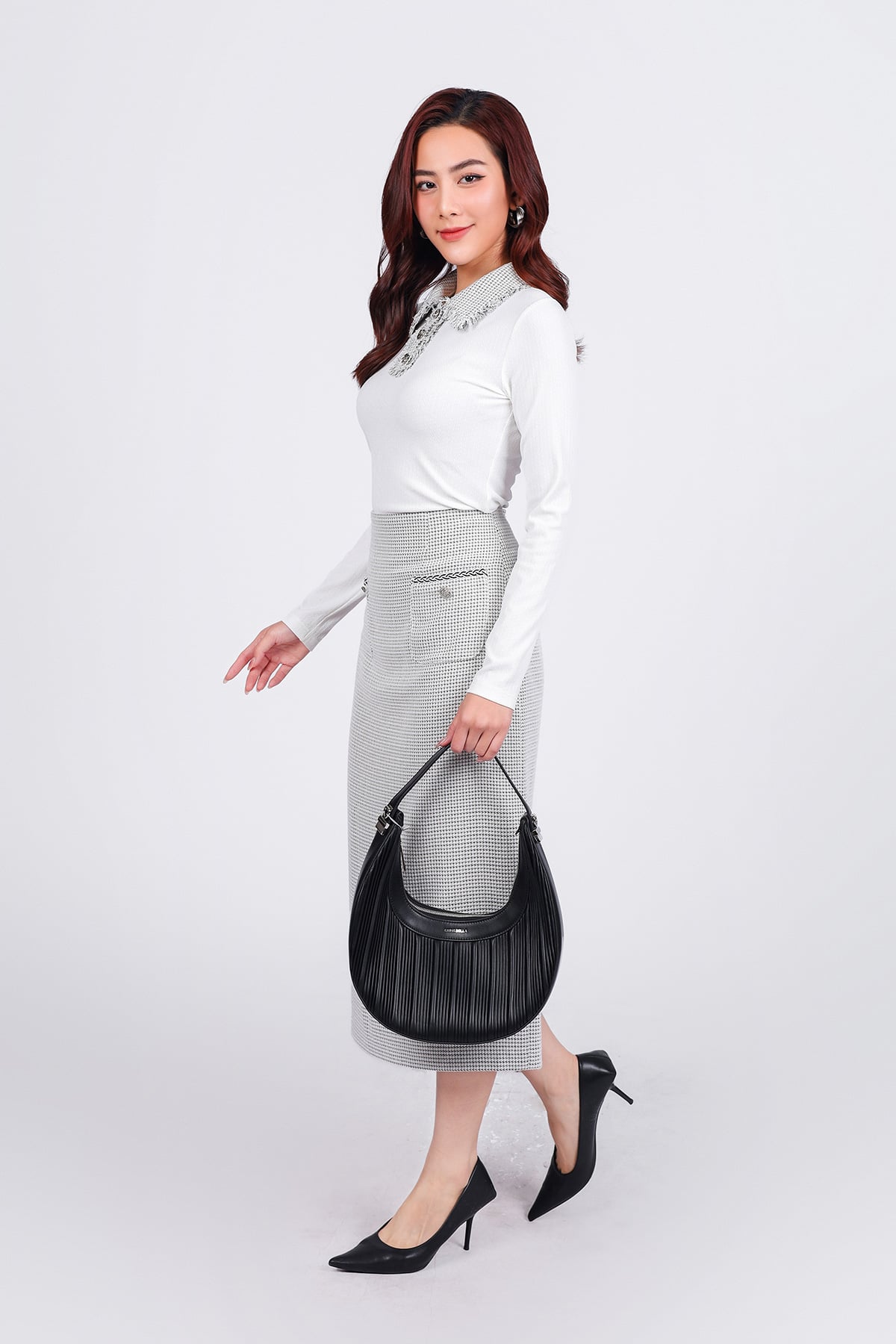 FAT9397 - Áo dệt kim vải len cao cấp dáng ôm co giãn cổ đức phối vải dạ đính khuy đá thời trang - PANTIO