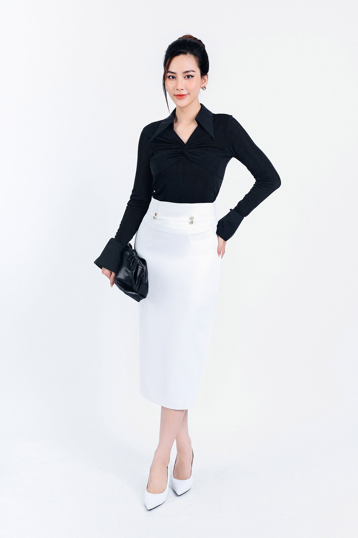 FAT9400 - Áo thun vải len co giãn dáng ôm cổ đức xẻ V ngực xoắn tạo kiểu - PANTIO