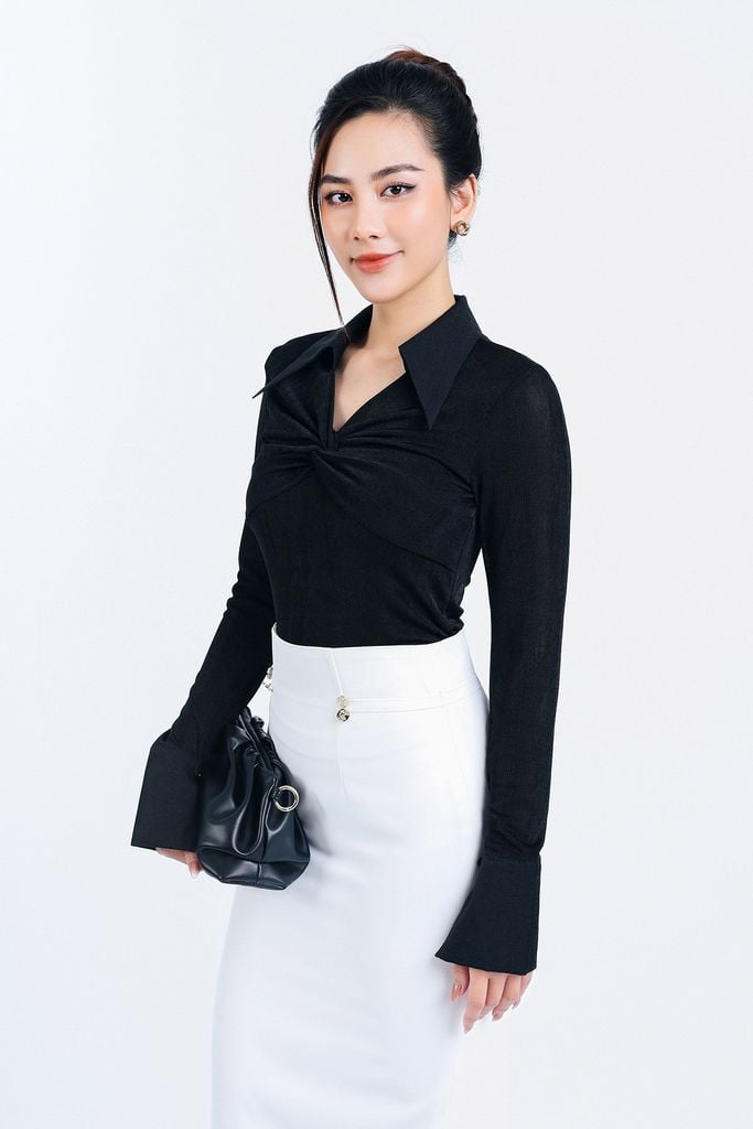 FAT9400 - Áo thun vải len co giãn dáng ôm cổ đức xẻ V ngực xoắn tạo kiểu - PANTIO