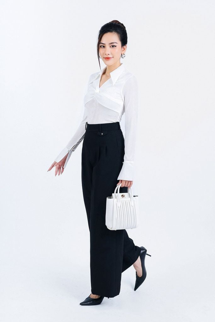 FAT9400 - Áo thun vải len co giãn dáng ôm cổ đức xẻ V ngực xoắn tạo kiểu - PANTIO