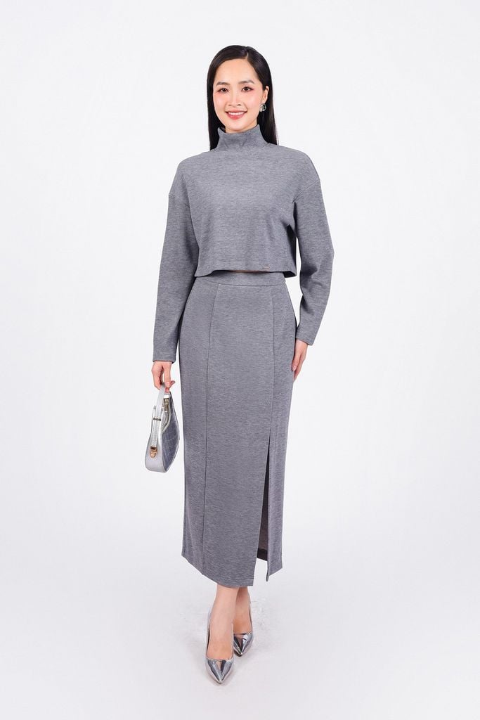 BJD93215 - Chân váy công sở vải nhung dáng suông dài xẻ tà trước khoá thân sau - PANTIO