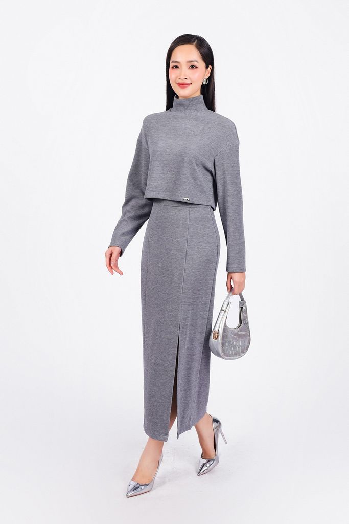 BJD93215 - Chân váy công sở vải nhung dáng suông dài xẻ tà trước khoá thân sau - PANTIO