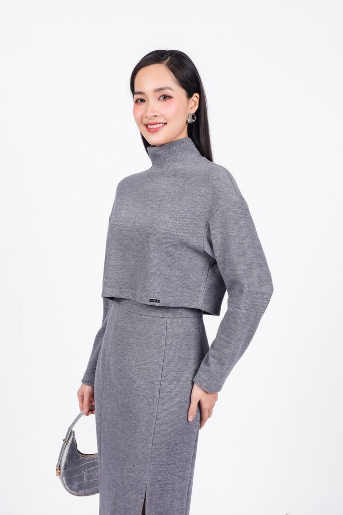 FAT9401 - Áo kiểu công sở vải nhung dáng lửng cổ cao tay dài thời trang - PANTIO