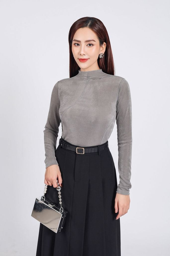 FAT9407 - Áo thun thời trang cao cấp vải len co giãn dáng ôm cổ cao dài tay hoạ tiết đường gân thời trang - PANTIO