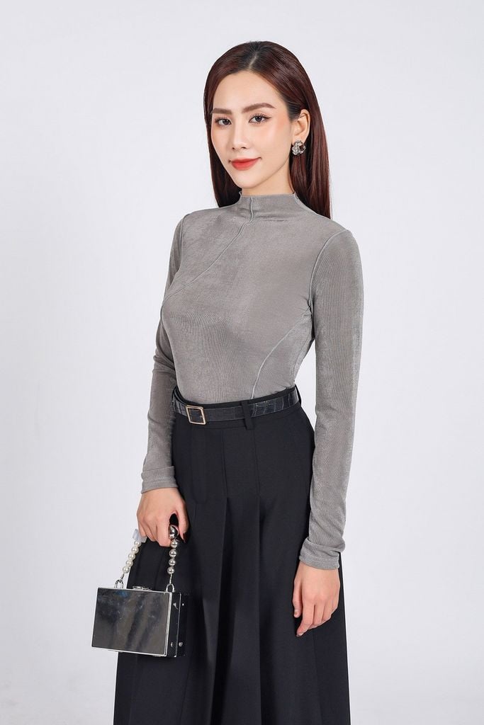 FAT9407 - Áo thun thời trang cao cấp vải len co giãn dáng ôm cổ cao dài tay hoạ tiết đường gân thời trang - PANTIO
