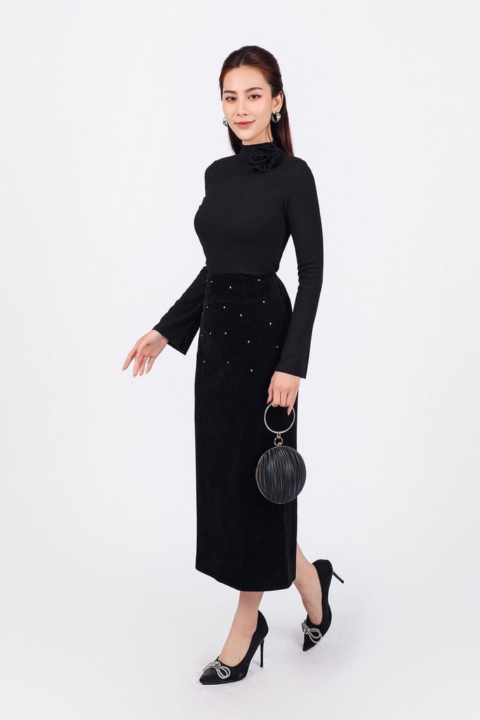 FAT9409 - Áo thun cao cấp vải len co giãn dáng ôm cổ cao đính hoa 3D thời trang tay loe dài - PANTIO