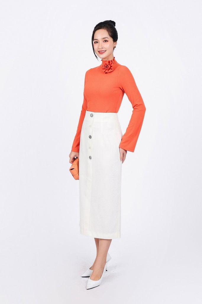 FAT9409 - Áo thun cao cấp vải len co giãn dáng ôm cổ cao đính hoa 3D thời trang tay loe dài - PANTIO