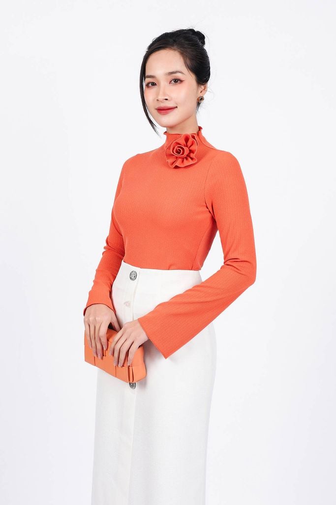 FAT9409 - Áo thun cao cấp vải len co giãn dáng ôm cổ cao đính hoa 3D thời trang tay loe dài - PANTIO