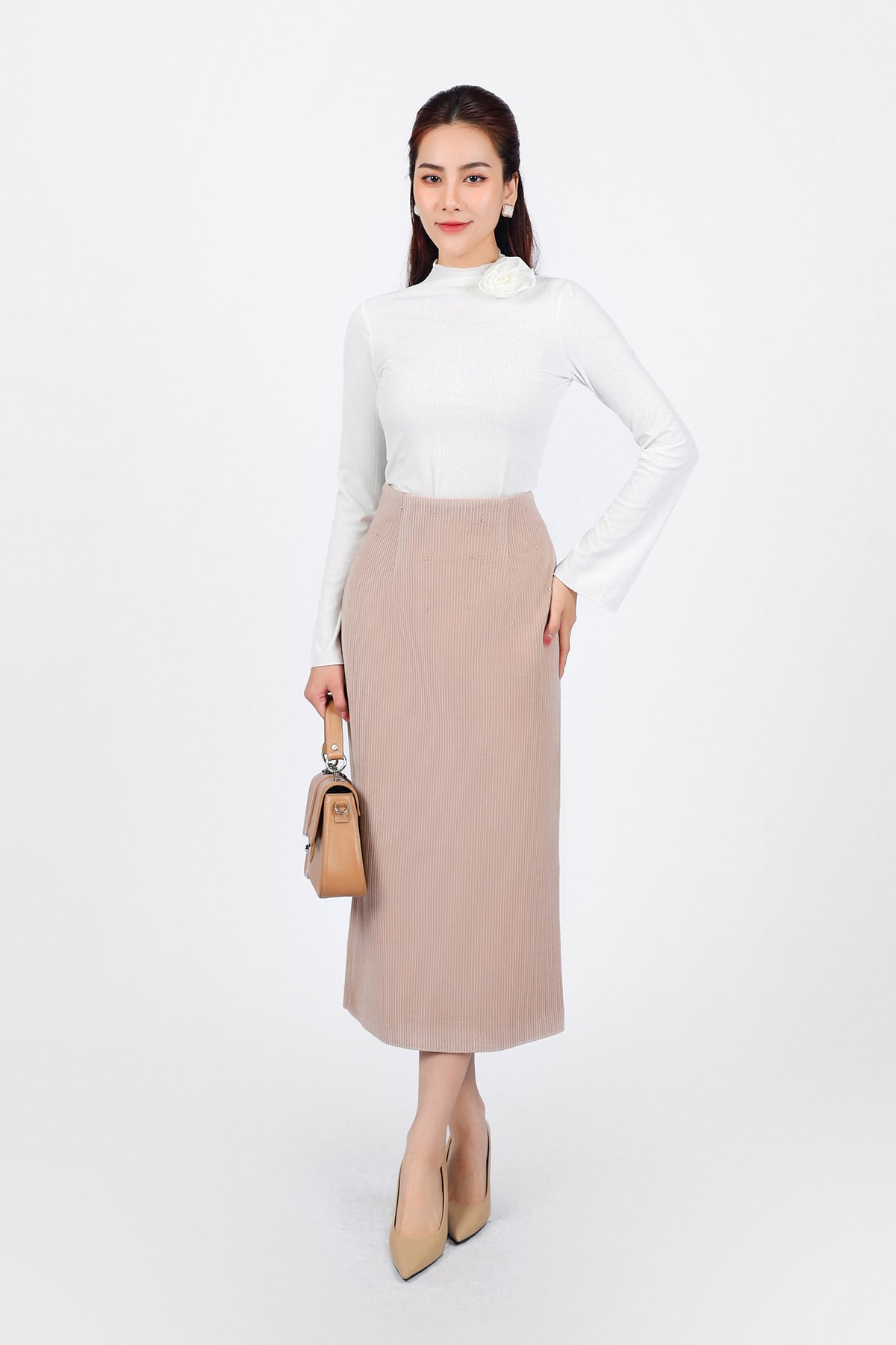 FJD91232 - Chân váy dài công sở vải nhung dáng bút chì thân váy đính đá cao cấp khóa thân sau - PANTIO