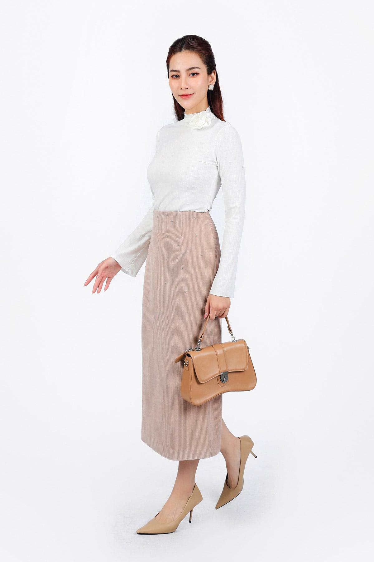 FJD91232 - Chân váy dài công sở vải nhung dáng bút chì thân váy đính đá cao cấp khóa thân sau - PANTIO