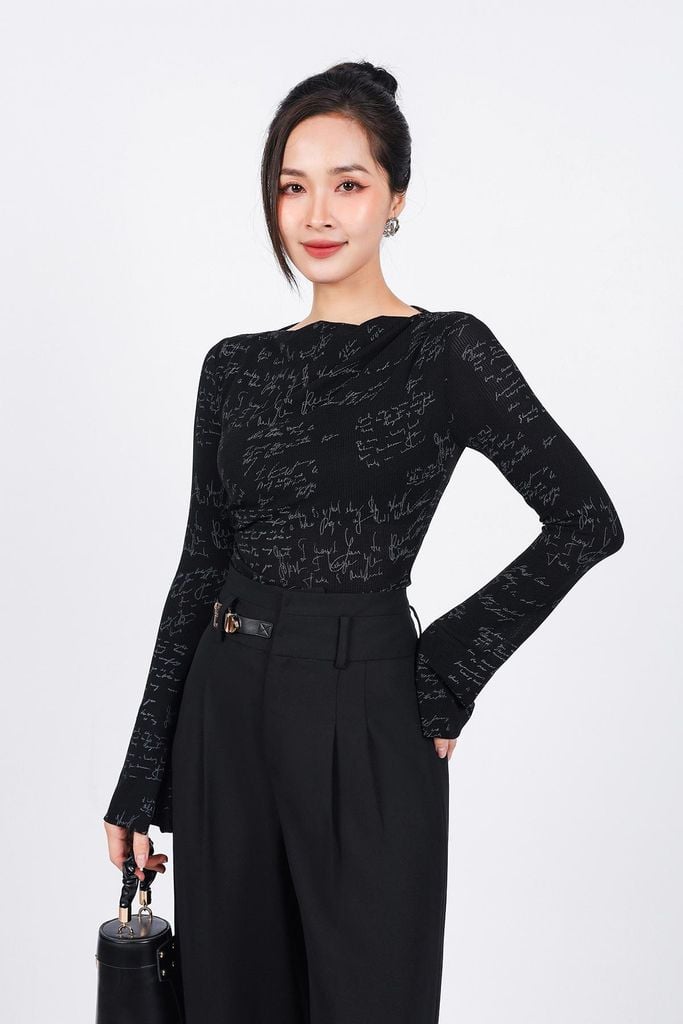 FQD51130 - Quần dài công sở vải thô dày dáng suông ống rộng cạp phối kim loại trang trí - PANTIO