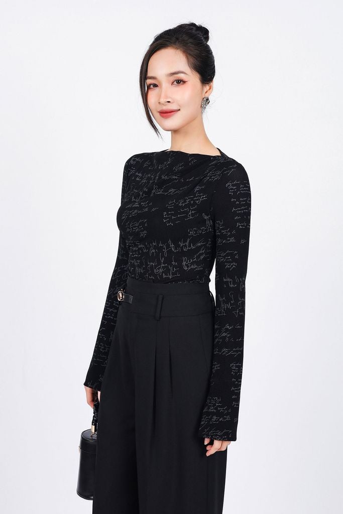 FQD51130 - Quần dài công sở vải thô dày dáng suông ống rộng cạp phối kim loại trang trí - PANTIO