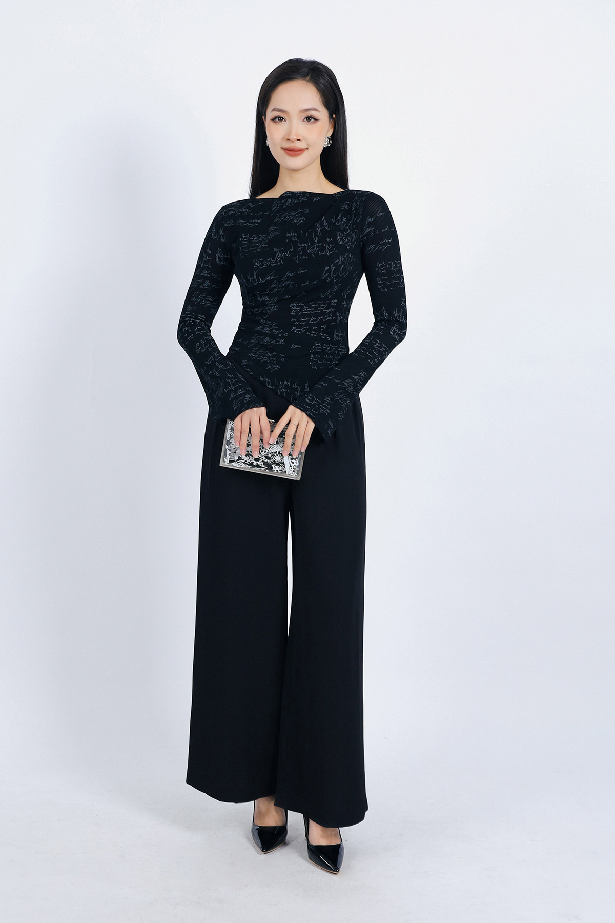 FAT9421 - Áo thun vải len co giãn dáng ôm cổ thuyền ống tay loe vạt nhọn tạo kiểu - PANTIO