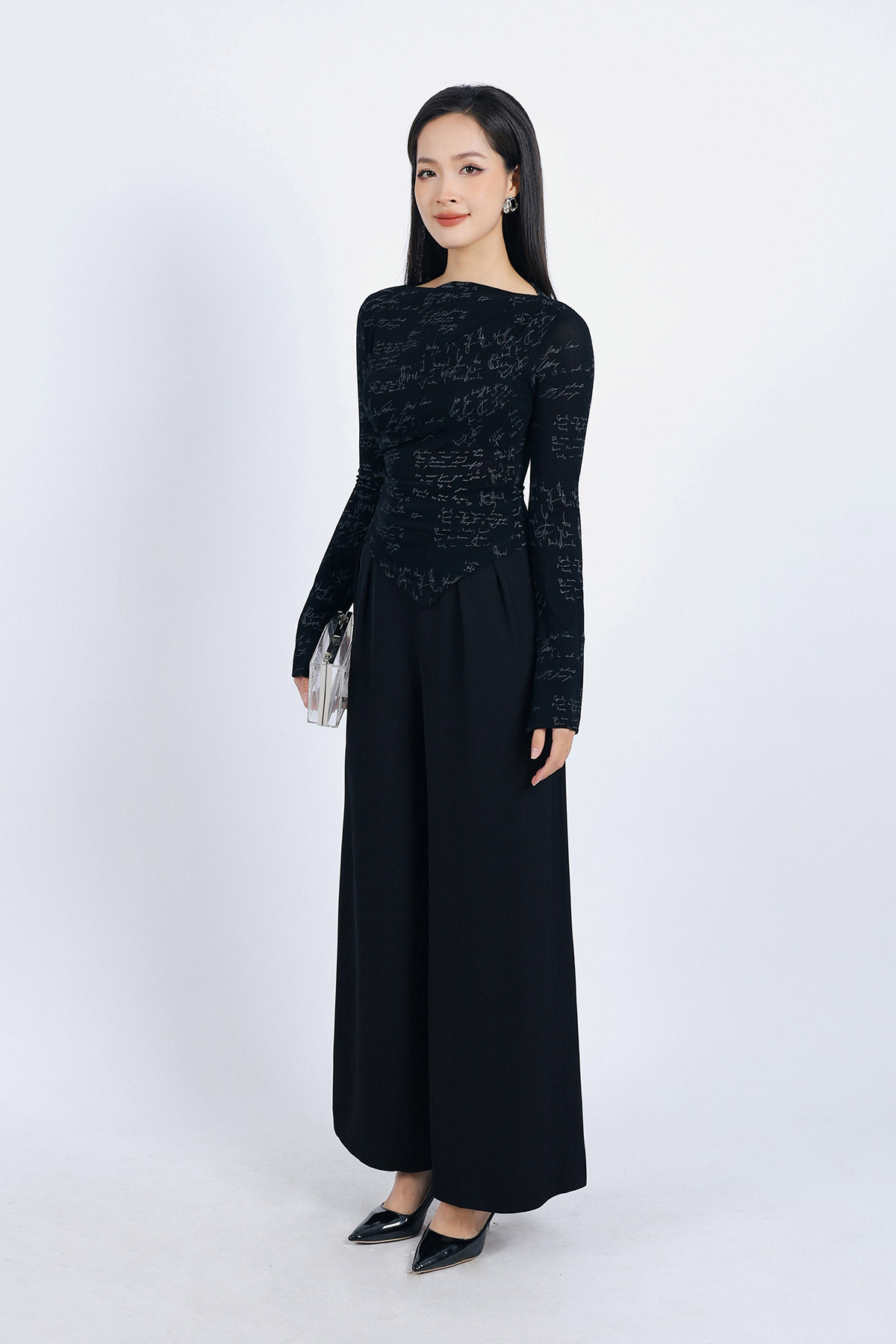 FAT9421 - Áo thun vải len co giãn dáng ôm cổ thuyền ống tay loe vạt nhọn tạo kiểu - PANTIO