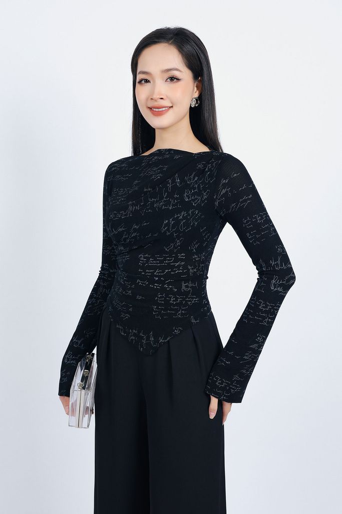 FAT9421 - Áo thun vải len co giãn dáng ôm cổ thuyền ống tay loe vạt nhọn tạo kiểu - PANTIO