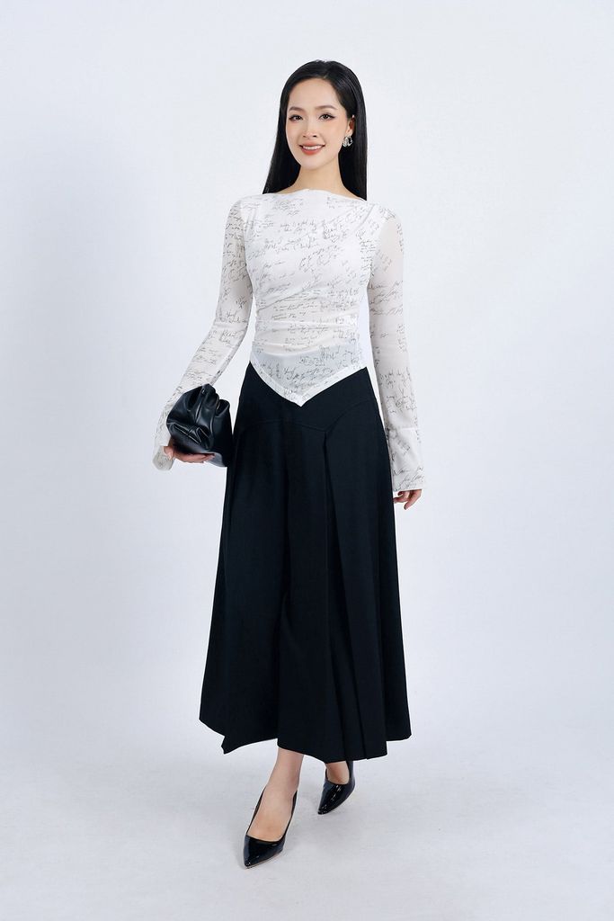 FAT9421 - Áo thun vải len co giãn dáng ôm cổ thuyền ống tay loe vạt nhọn tạo kiểu - PANTIO