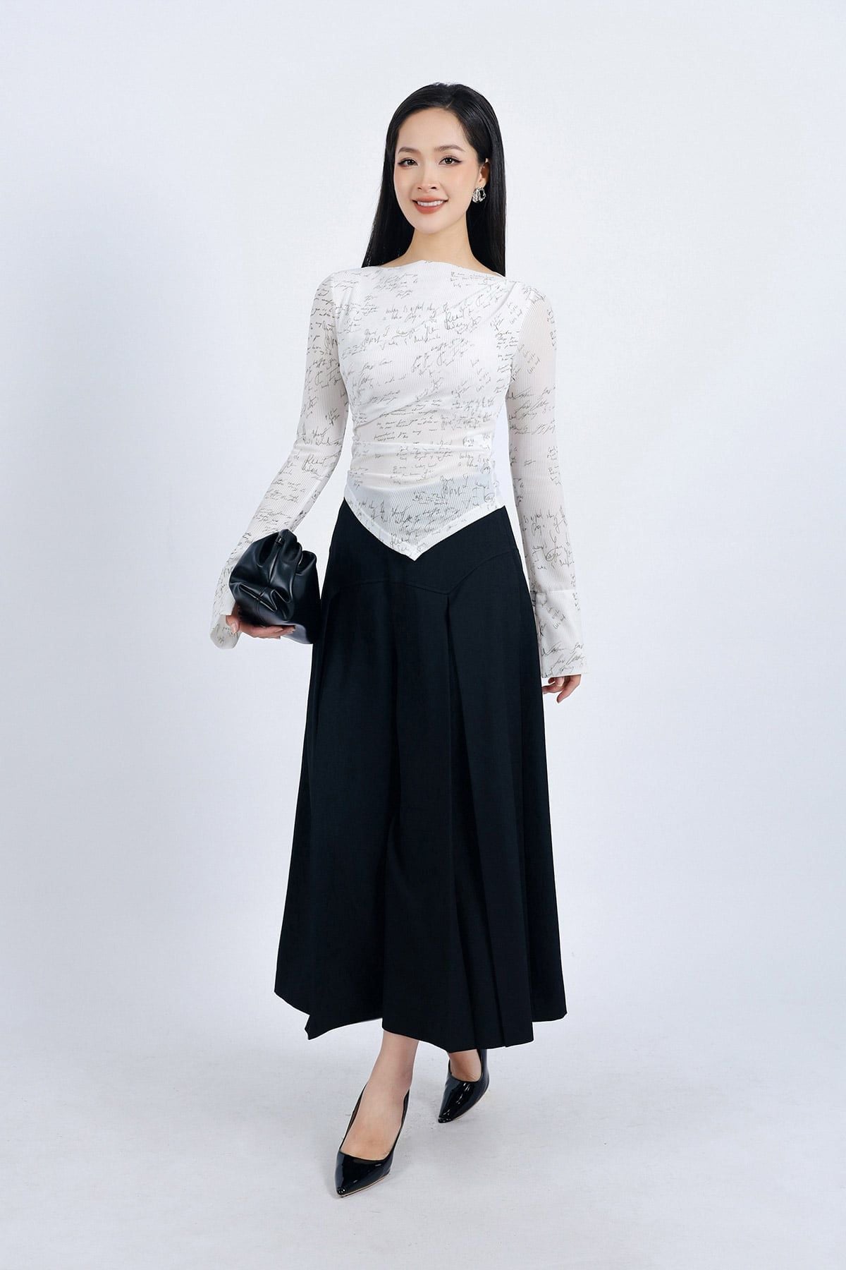 FAT9421 - Áo thun vải len co giãn dáng ôm cổ thuyền ống tay loe vạt nhọn tạo kiểu - PANTIO
