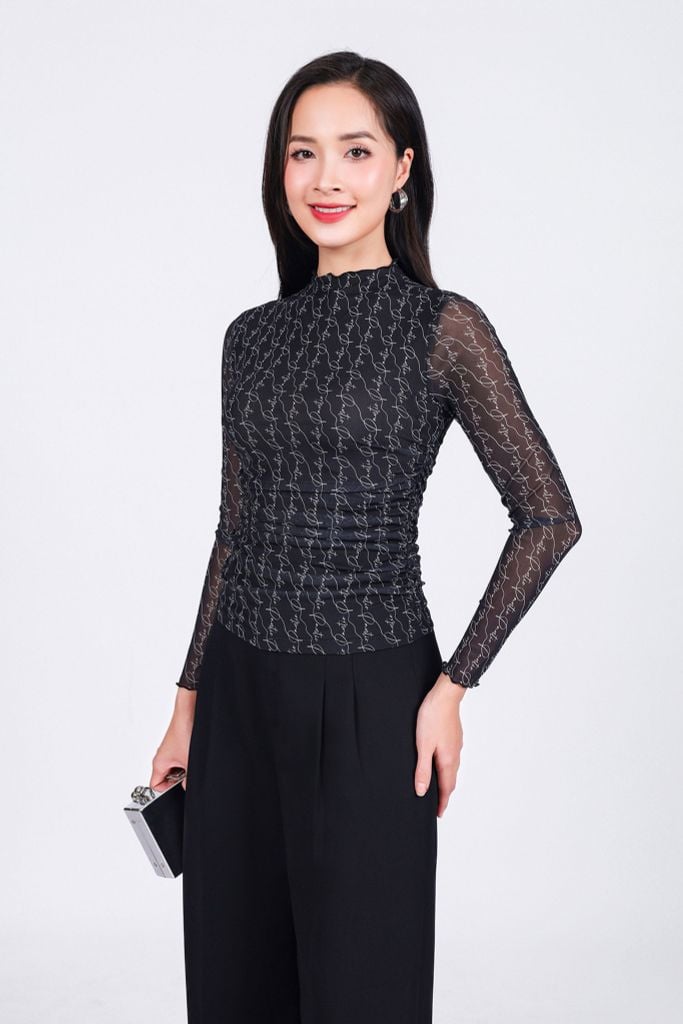 FAT9429 - Áo dệt kim cao cấp vải lưới dáng ôm co giãn cổ cao viền ren thời trang - PANTIO