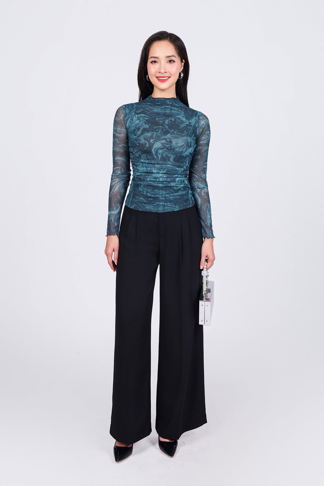 FAT9429 - Áo dệt kim cao cấp vải lưới dáng ôm co giãn cổ cao viền ren thời trang - PANTIO