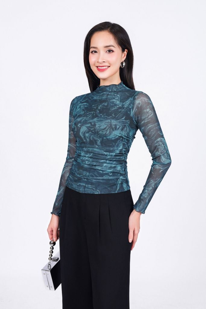 FAT9429 - Áo dệt kim cao cấp vải lưới dáng ôm co giãn cổ cao viền ren thời trang - PANTIO