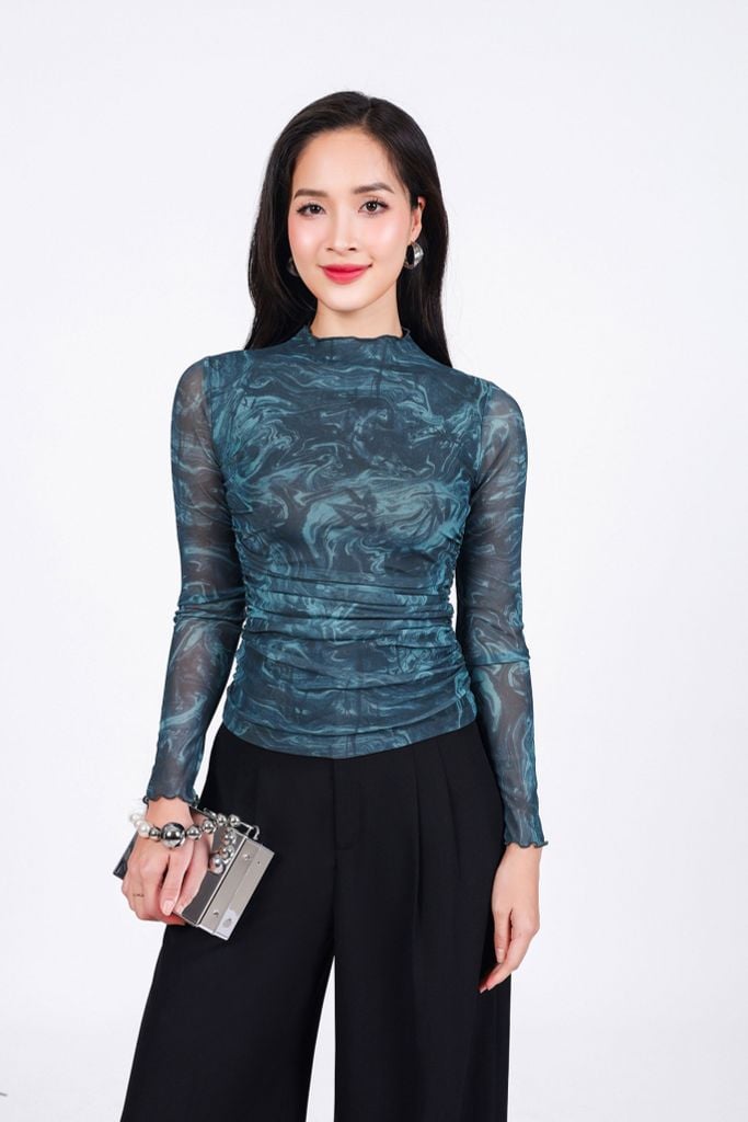 FAT9429 - Áo dệt kim cao cấp vải lưới dáng ôm co giãn cổ cao viền ren thời trang - PANTIO