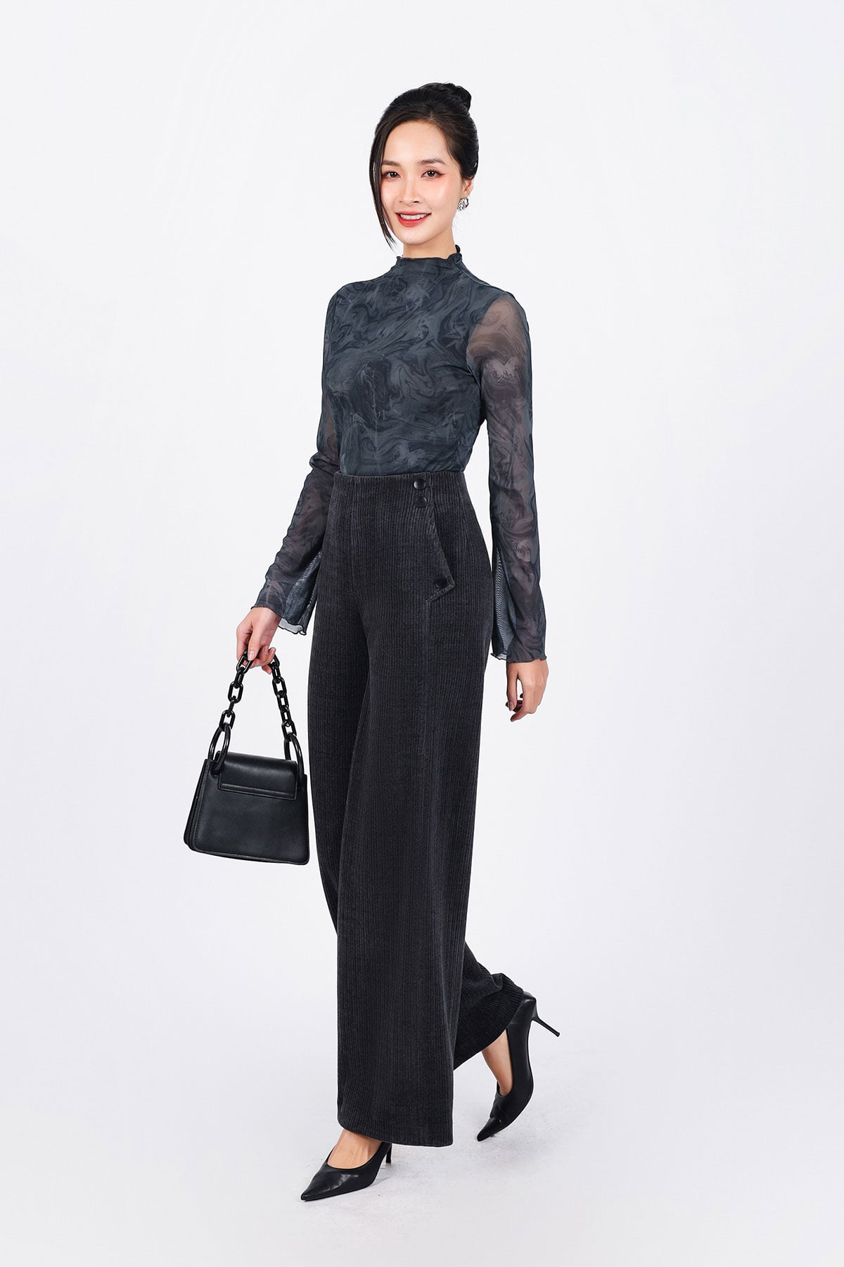 FQD91150 - Quần công sở vải nhung dáng suông ống đứng cạp liền hông đính khuy tạo kiểu - PANTIO