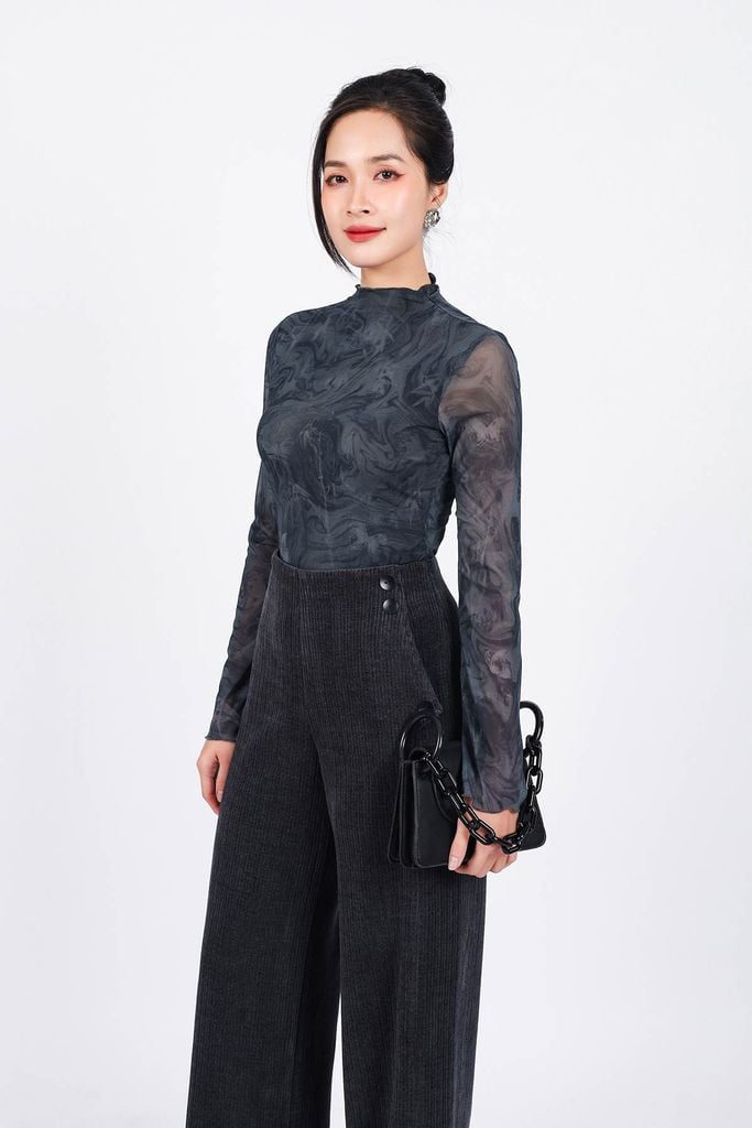 FAT9433 - Áo thun cao cấp vải lưới co giãn dáng ôm cổ ren ống tay loe - PANTIO
