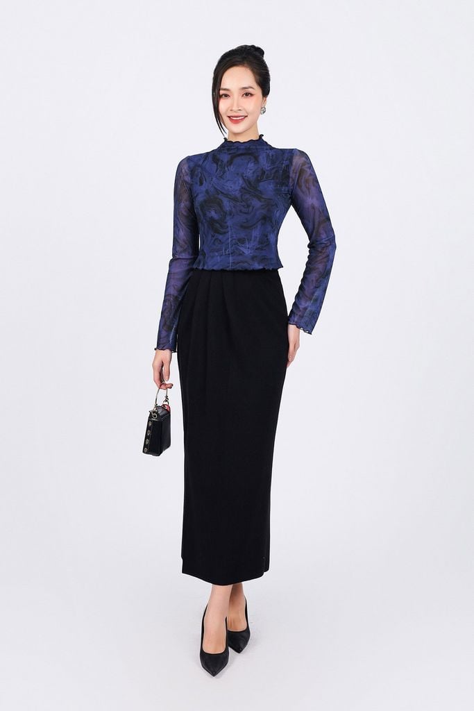 FAT9433 - Áo thun cao cấp vải lưới co giãn dáng ôm cổ ren ống tay loe - PANTIO