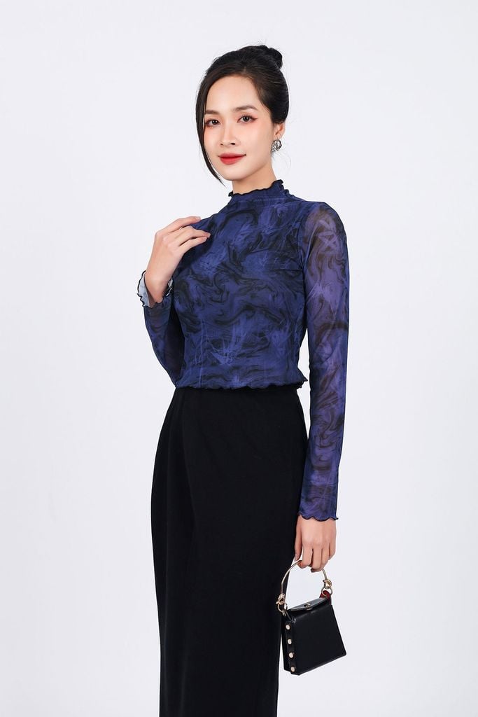 FAT9433 - Áo thun cao cấp vải lưới co giãn dáng ôm cổ ren ống tay loe - PANTIO