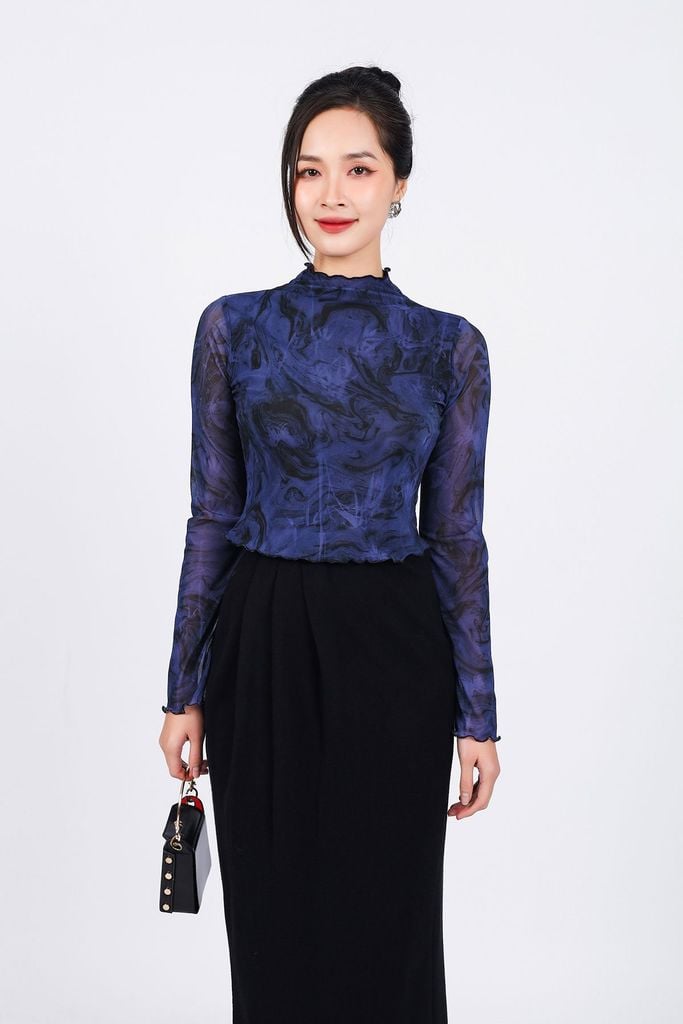 FAT9433 - Áo thun cao cấp vải lưới co giãn dáng ôm cổ ren ống tay loe - PANTIO
