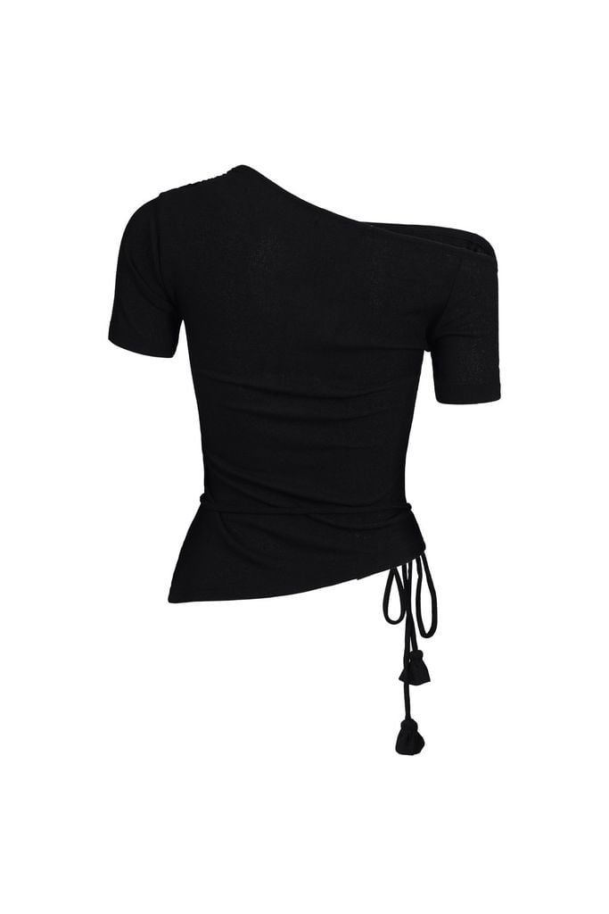 FAT9435 - Áo dáng ôm, cổ lệch, tay cộc, gấu lệch, dún vai, dây đai buộc rời - JAN.