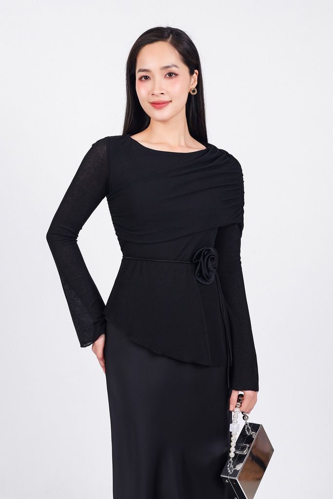 FAT9436 - Áo dệt kim vải len dáng ôm cổ thuyền lệch vai gấu áo vạt chéo kèm dây hoa tạo kiểu - PANTIO