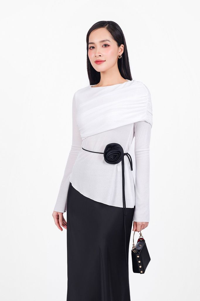 FAT9436 - Áo dệt kim vải len dáng ôm cổ thuyền lệch vai gấu áo vạt chéo kèm dây hoa tạo kiểu - PANTIO