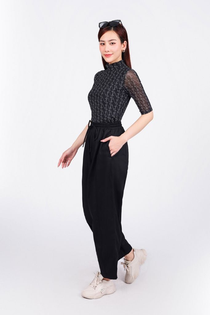 FAT9437 - Áo thun cao cấp vải lưới co giãn dáng ôm cổ cao tay lửng - PANTIO