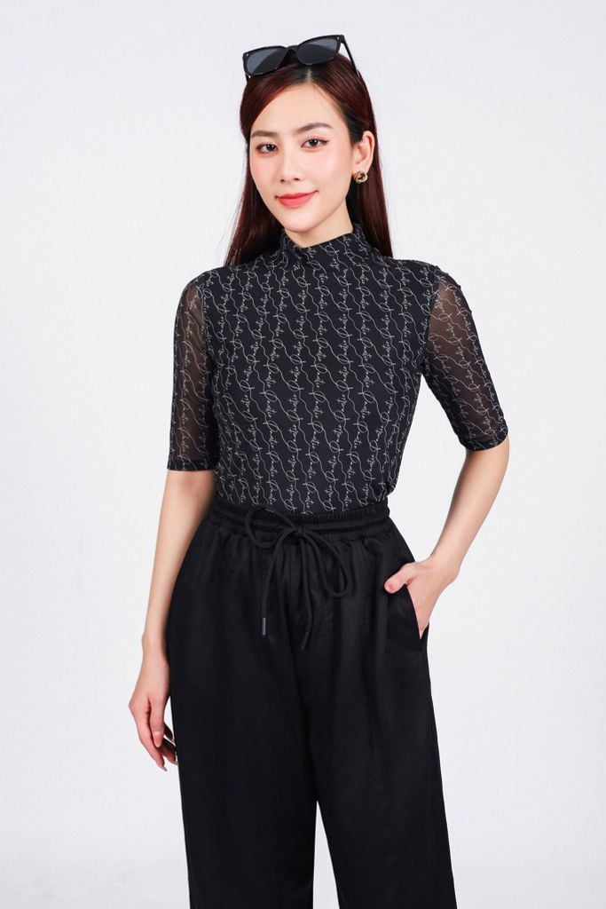 FAT9437 - Áo thun cao cấp vải lưới co giãn dáng ôm cổ cao tay lửng - PANTIO