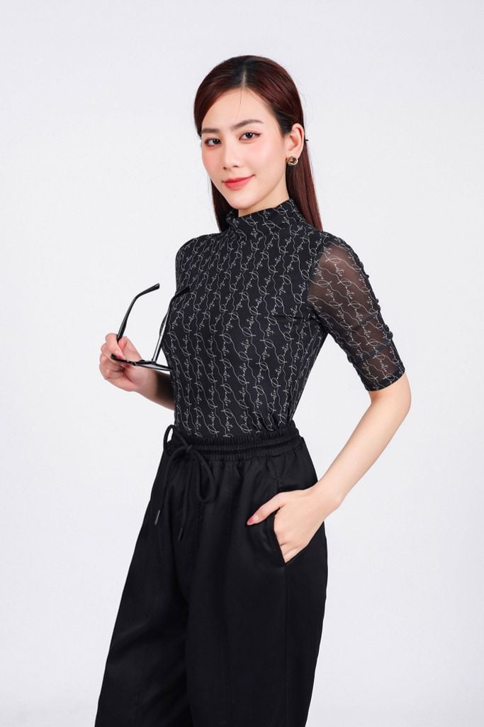 FAT9437 - Áo thun cao cấp vải lưới co giãn dáng ôm cổ cao tay lửng - PANTIO